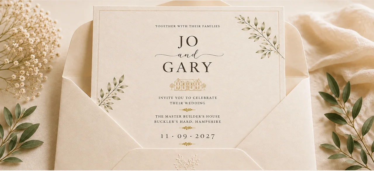 Jo and Gary wedding invitation for 11 September 2027 at The Master Builder’s House, Buckler’s Hard